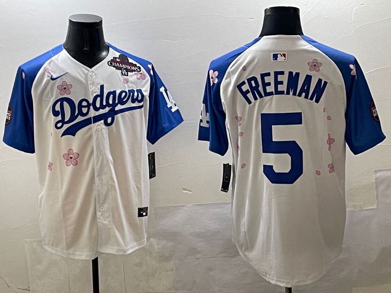 Men Los Angeles Dodgers 5 Freeman White Blue Sakura Edition 2025 Nike MLB Jersey style 2